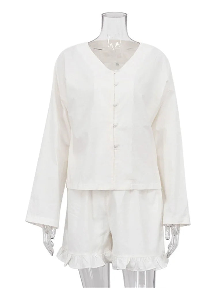 Conjuntos casuales con volantes para mujer, pantalones cortos de manga larga y cintura alta, dos piezas, lisos, hasta la rodilla, holgados, ropa de dormir femenina.