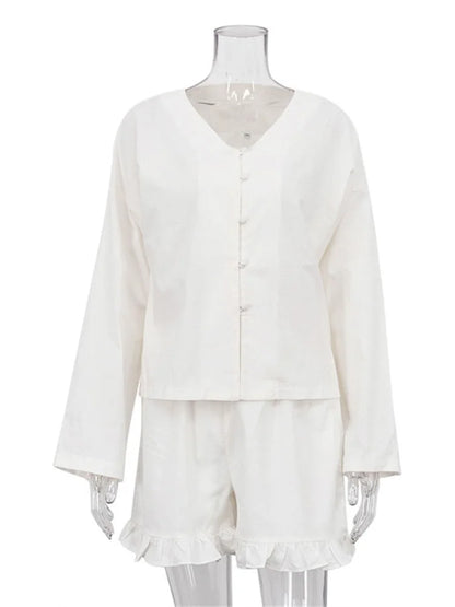 Conjuntos casuales con volantes para mujer, pantalones cortos de manga larga y cintura alta, dos piezas, lisos, hasta la rodilla, holgados, ropa de dormir femenina.