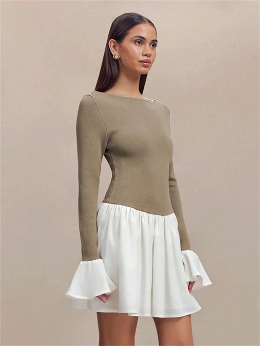 Vestido mini casual con volantes en contraste para mujer, vestido de fiesta elegante de cintura alta con retazos, vestido mini femenino Y2k, nuevo
