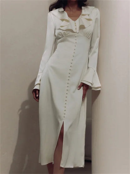 Ruffled Elegant For Women Long Dress Fashion V-Neck Patchwork Long Sleeve Slim Party Dress Gown White Spring Maxi Dress