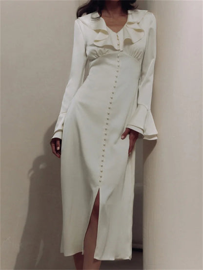 Ruffled Elegant For Women Long Dress Fashion V-Neck Patchwork Long Sleeve Slim Party Dress Gown White Spring Maxi Dress