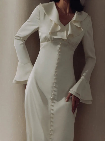 Ruffled Elegant For Women Long Dress Fashion V-Neck Patchwork Long Sleeve Slim Party Dress Gown White Spring Maxi Dress