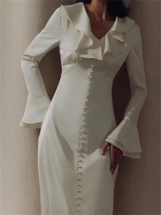 Ruffled Elegant For Women Long Dress Fashion V-Neck Patchwork Long Sleeve Slim Party Dress Gown White Spring Maxi Dress