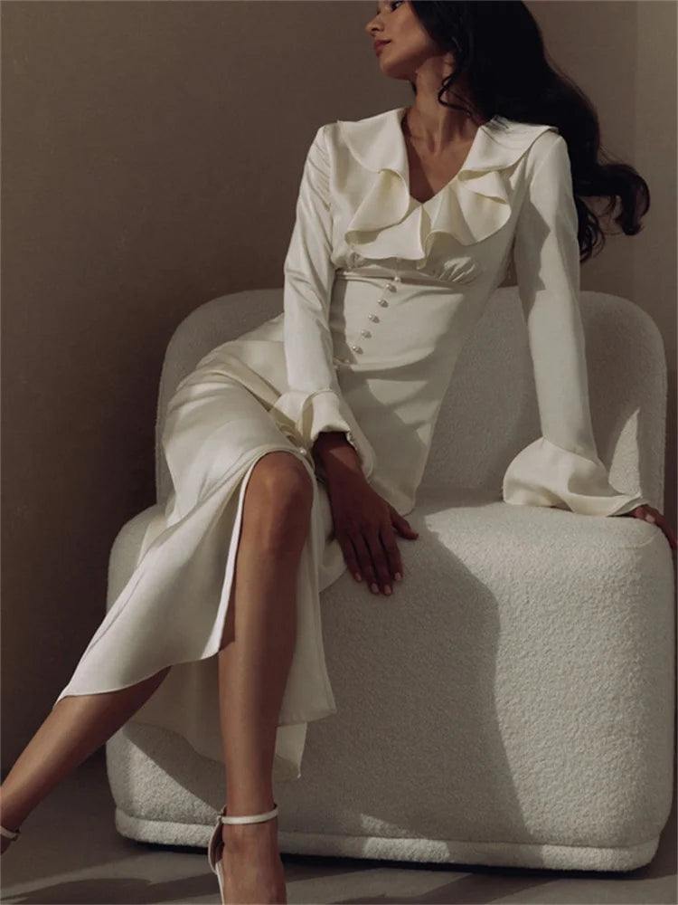 Ruffled Elegant For Women Long Dress Fashion V-Neck Patchwork Long Sleeve Slim Party Dress Gown White Spring Maxi Dress