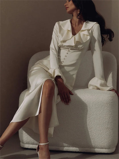 Ruffled Elegant For Women Long Dress Fashion V-Neck Patchwork Long Sleeve Slim Party Dress Gown White Spring Maxi Dress