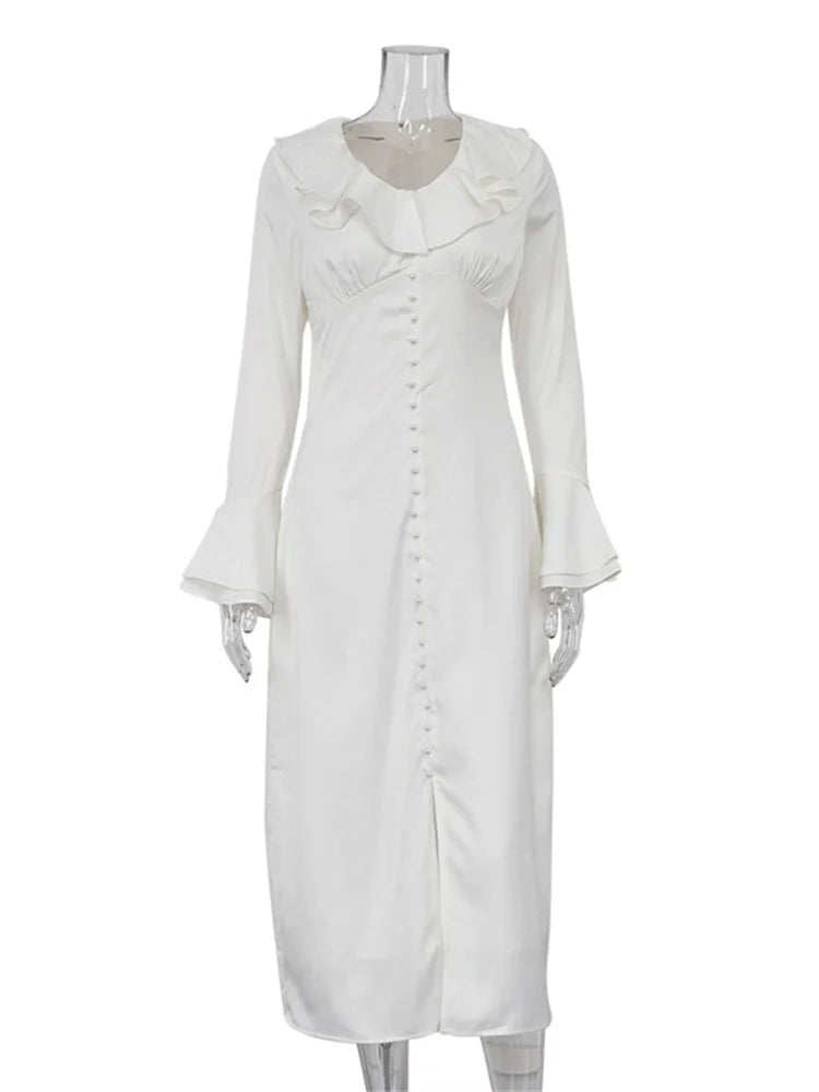 Ruffled Elegant For Women Long Dress Fashion V-Neck Patchwork Long Sleeve Slim Party Dress Gown White Spring Maxi Dress