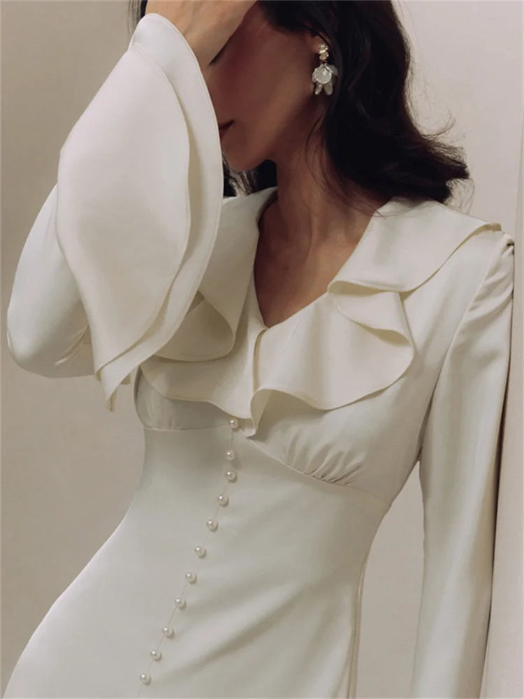 Ruffled Elegant For Women Long Dress Fashion V-Neck Patchwork Long Sleeve Slim Party Dress Gown White Spring Maxi Dress