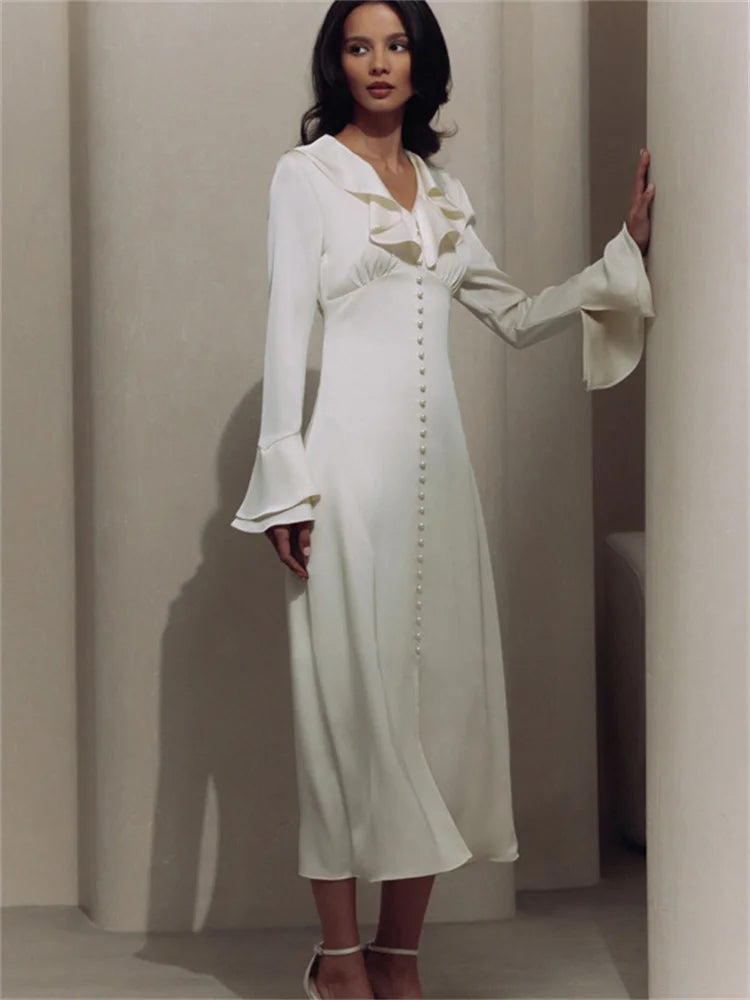 Ruffled Elegant For Women Long Dress Fashion V-Neck Patchwork Long Sleeve Slim Party Dress Gown White Spring Maxi Dress