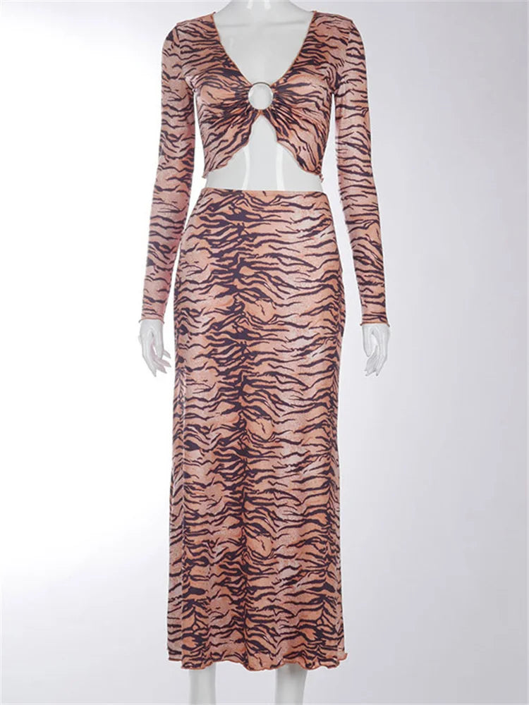 Ruffled Hollow Out 2 Piece-Set Maxi Skirt Female High Waist Striped Printed Crop top And Long Skirt Outfits Ladies Sets