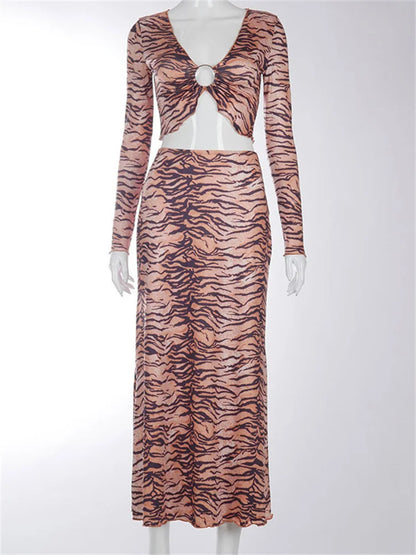 Ruffled Hollow Out 2 Piece-Set Maxi Skirt Female High Waist Striped Printed Crop top And Long Skirt Outfits Ladies Sets
