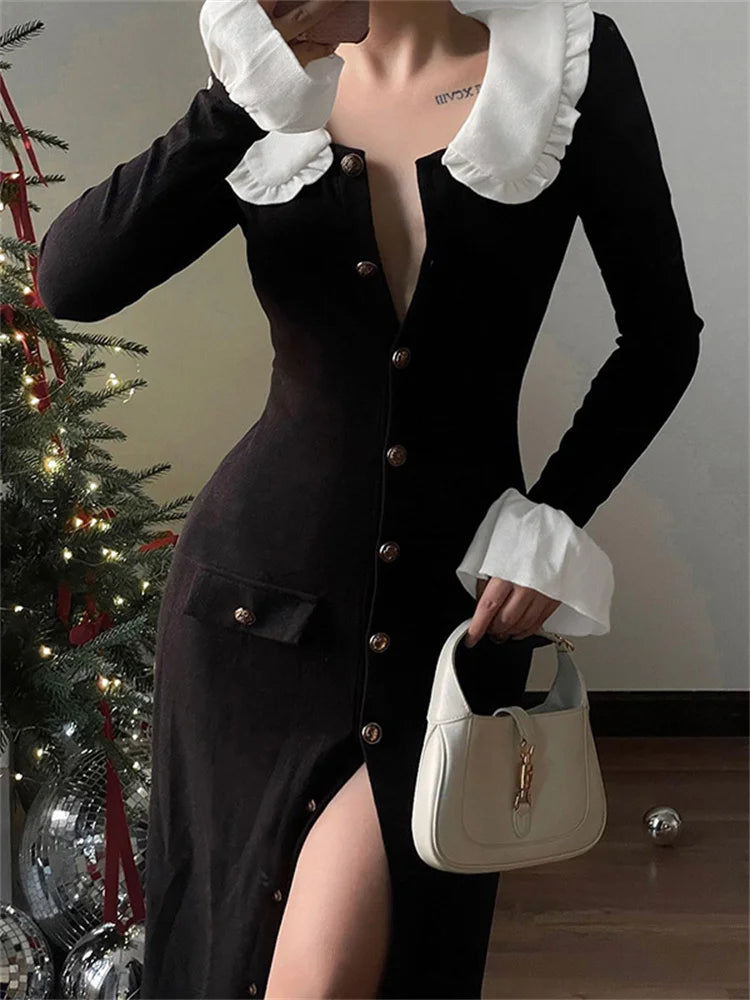 Vestido largo de punto con volantes para mujer, elegante vestido de fiesta de otoño con solapa ajustada y bolsillos de cintura alta