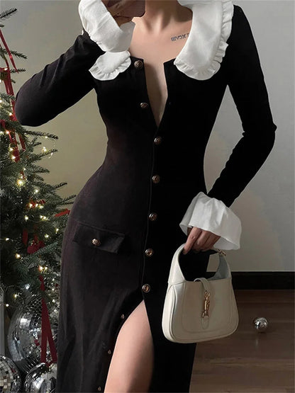 Vestido largo de punto con volantes para mujer, elegante vestido de fiesta de otoño con solapa ajustada y bolsillos de cintura alta