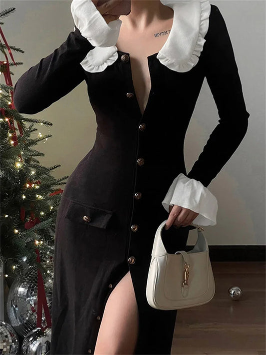 Ruffled Knit Fashion Long Dress Women High Waist Elegant Pocket Slim Lapel Patchwork Party Dress Female Autumn Maxi Dress