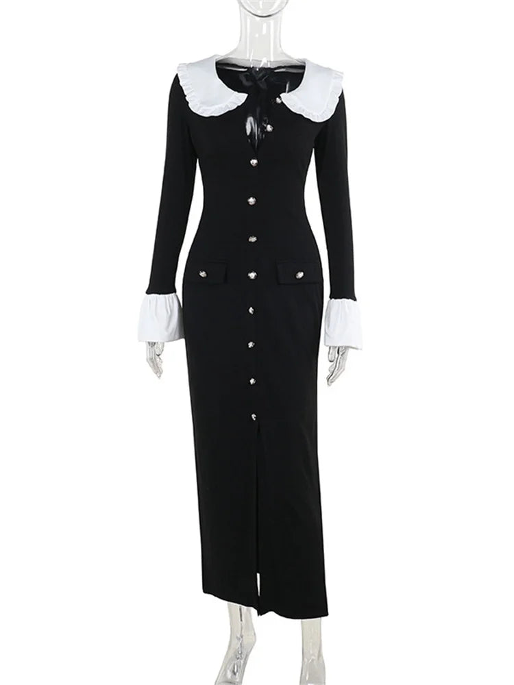 Vestido largo de punto con volantes para mujer, elegante vestido de fiesta de otoño con solapa ajustada y bolsillos de cintura alta