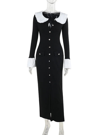 Vestido largo de punto con volantes para mujer, elegante vestido de fiesta de otoño con solapa ajustada y bolsillos de cintura alta
