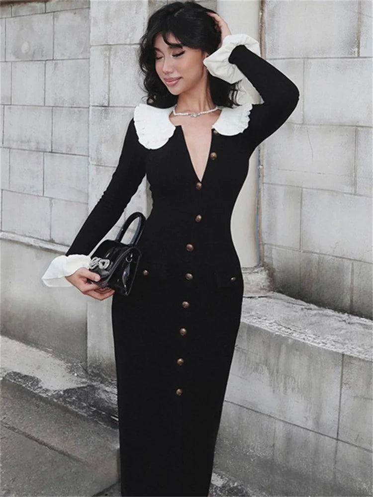 Vestido largo de punto con volantes para mujer, elegante vestido de fiesta de otoño con solapa ajustada y bolsillos de cintura alta
