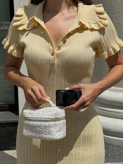Vestido mini de punto con volantes, cintura alta, elegante, color liso, ajustado, retro, botonadura sencilla, manga corta, sexy, para mujer