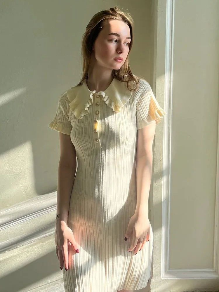 Vestido mini de punto con volantes, cintura alta, elegante, color liso, ajustado, retro, botonadura sencilla, manga corta, sexy, para mujer