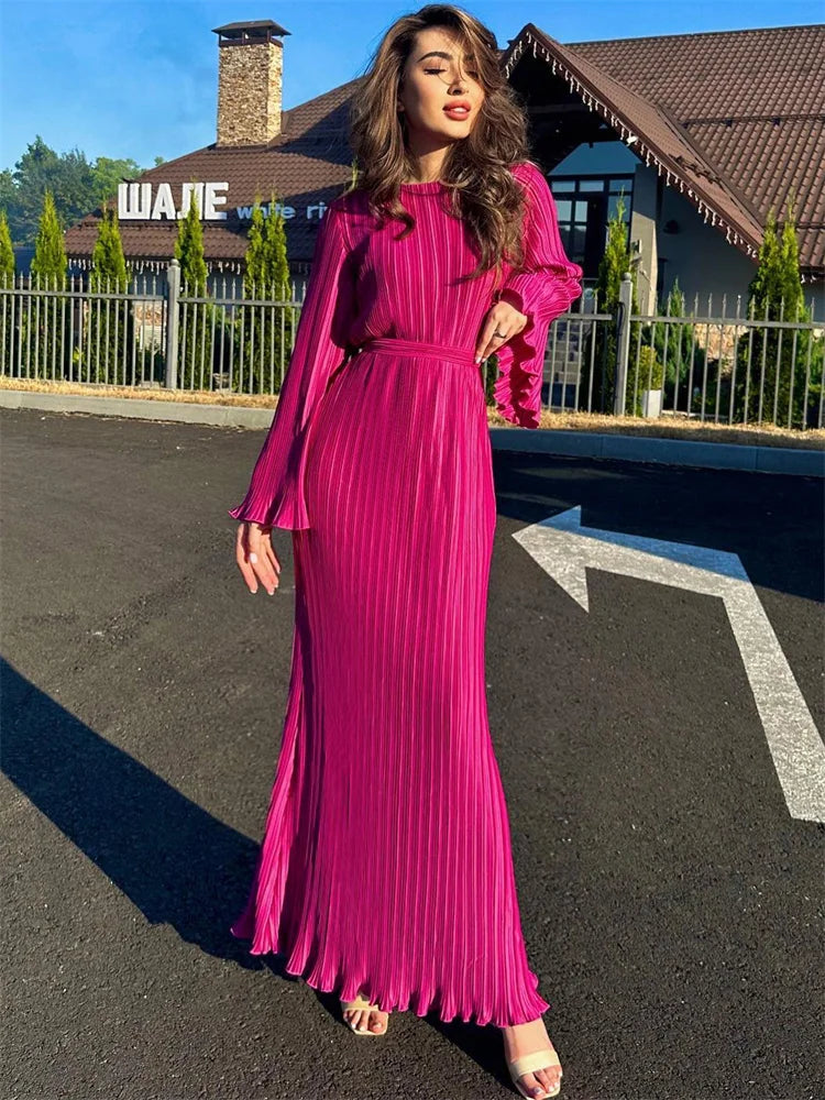 Vestido largo acanalado con volantes y cordones para mujer, manga larga, cintura alta, elegante, para fiesta, otoño, estilo vendaje