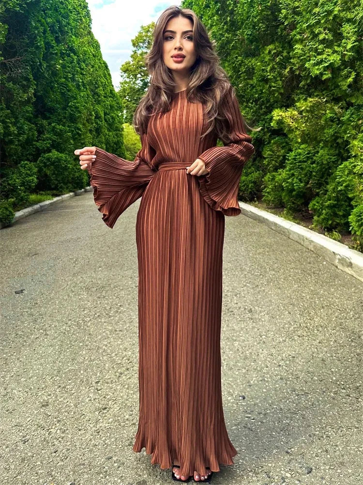 Vestido largo acanalado con volantes y cordones para mujer, manga larga, cintura alta, elegante, para fiesta, otoño, estilo vendaje