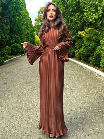 Vestido largo acanalado con volantes y cordones para mujer, manga larga, cintura alta, elegante, para fiesta, otoño, estilo vendaje