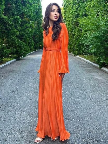Vestido largo acanalado con volantes y cordones para mujer, manga larga, cintura alta, elegante, para fiesta, otoño, estilo vendaje