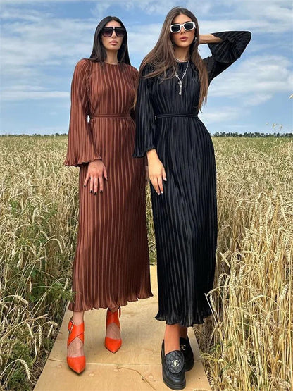 Vestido largo acanalado con volantes y cordones para mujer, manga larga, cintura alta, elegante, para fiesta, otoño, estilo vendaje
