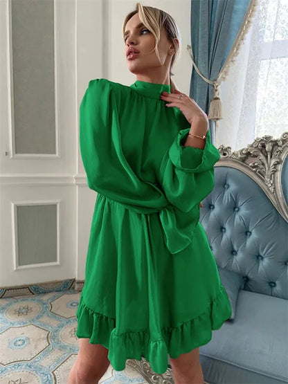Ruffled Lace-Up Slim Mini Dress Women Long Sleeve Elegant Patchwork Casual Solid Dress