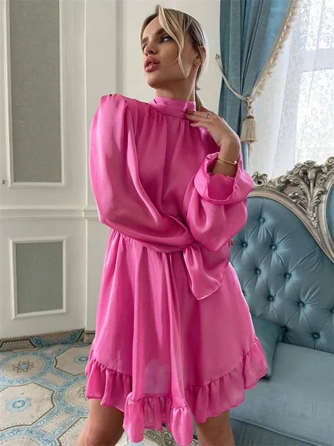 Ruffled Lace-Up Slim Mini Dress Women Long Sleeve Elegant Patchwork Casual Solid Dress