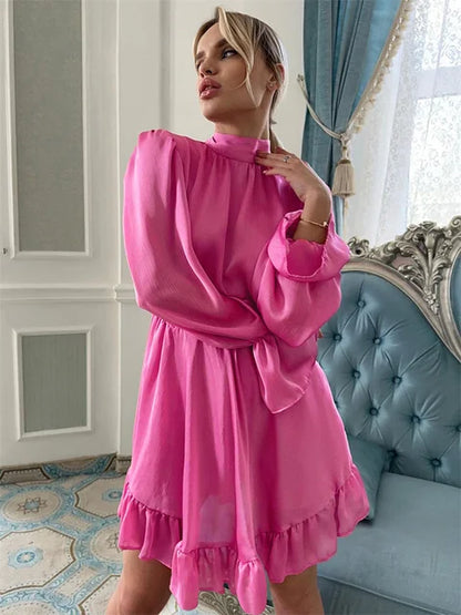 Ruffled Lace-Up Slim Mini Dress Women Long Sleeve Elegant Patchwork Casual Solid Dress
