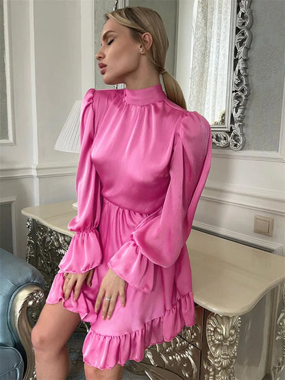 Ruffled Lace-Up Slim Mini Dress Women Long Sleeve Elegant Patchwork Casual Solid Dress