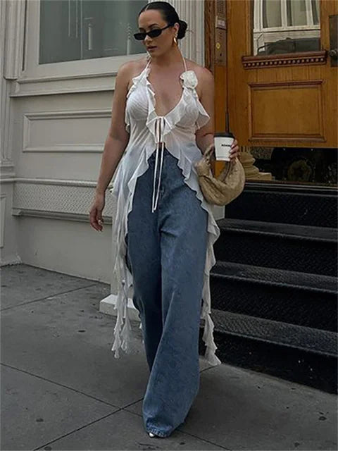 Ruffled Mesh Lace-Up Crop Top Vest – Halter Floral Bandage Solid Slim Summer Y2K Top 2025