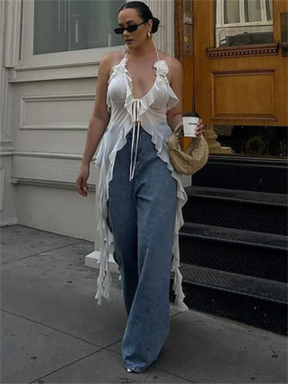 Ruffled Mesh Lace-Up Crop Top Vest – Halter Floral Bandage Solid Slim Summer Y2K Top 2025