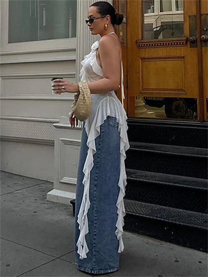 Ruffled Mesh Lace-Up Crop Top Vest – Halter Floral Bandage Solid Slim Summer Y2K Top 2025