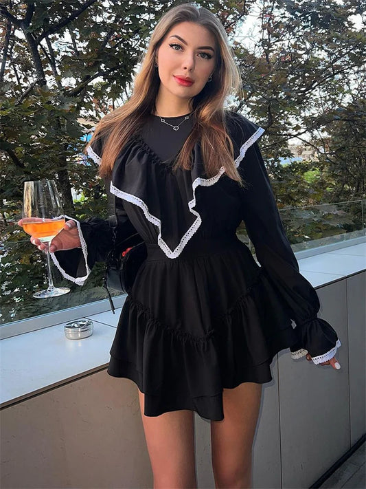 Minivestido de mujer con patchwork y volantes: elegante vestido de fiesta de manga larga