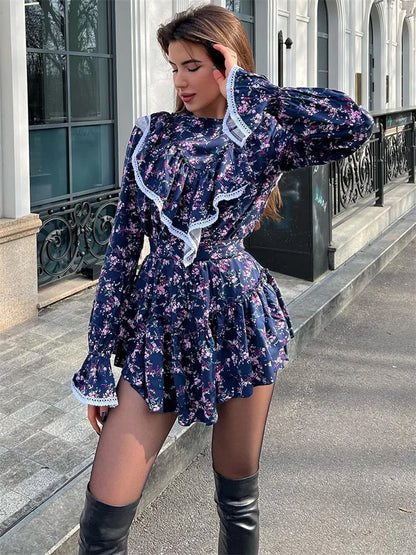Ruffled Patchwork Women’s Mini Dress – Elegant Long Sleeve Party Dress