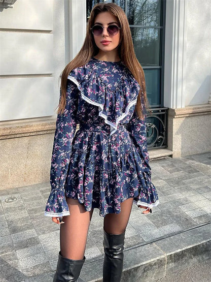 Ruffled Patchwork Women’s Mini Dress – Elegant Long Sleeve Party Dress