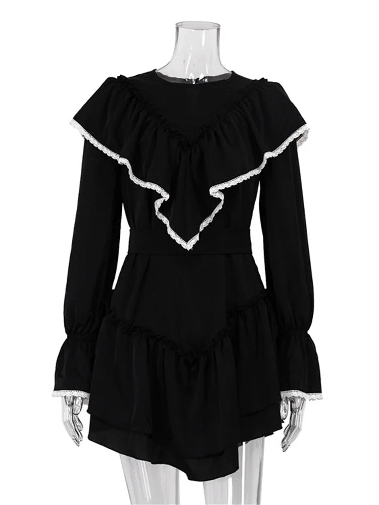Ruffled Patchwork Women’s Mini Dress – Elegant Long Sleeve Party Dress