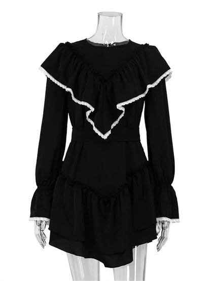 Ruffled Patchwork Women’s Mini Dress – Elegant Long Sleeve Party Dress