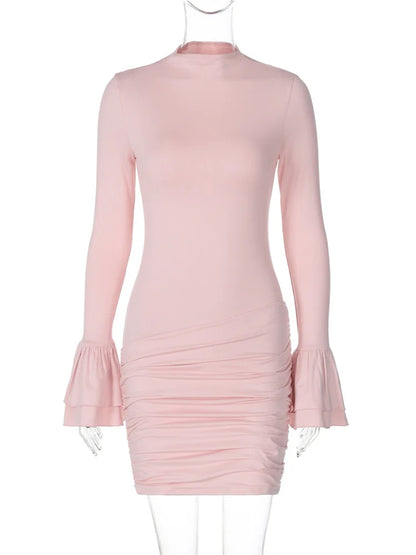Ruffled Patchwork High Waist Mini Dress Women’s Solid Pleated Skinny Elegant Y2k Autumn Party Dress Female Sexy Dress