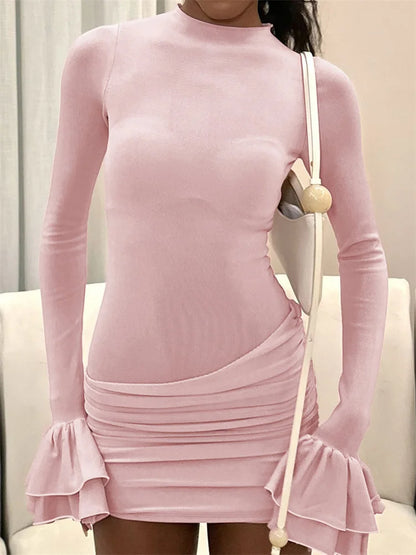 Ruffled Patchwork High Waist Mini Dress Women’s Solid Pleated Skinny Elegant Y2k Autumn Party Dress Female Sexy Dress