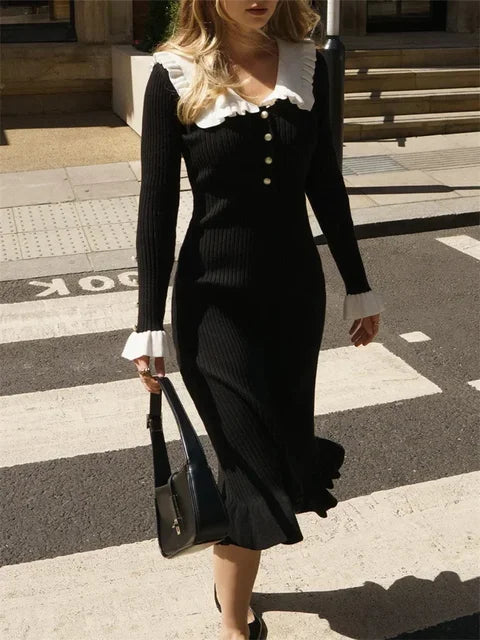 Ruffled Patchwork Knit Maxi Dress For Women Elegant Ribbed Long Sleeve Party Dress Gown Slim Knitwear Fashion Long Dress