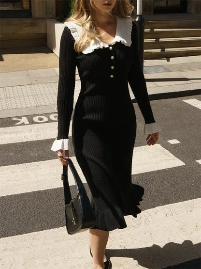 Ruffled Patchwork Knit Maxi Dress For Women Elegant Ribbed Long Sleeve Party Dress Gown Slim Knitwear Fashion Long Dress