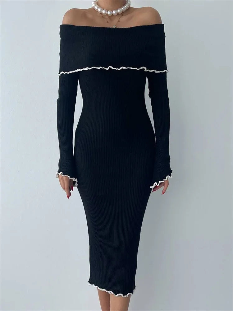 Vestido de punto ajustado con volantes para mujer, vestido de fiesta de otoño con escote palabra de honor, manga larga y contraste, vestido maxi de punto de moda