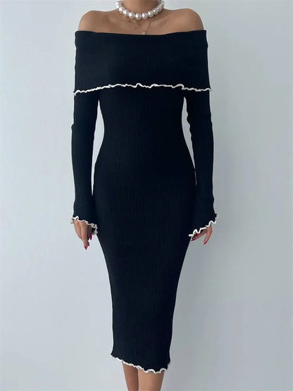 Vestido de punto ajustado con volantes para mujer, vestido de fiesta de otoño con escote palabra de honor, manga larga y contraste, vestido maxi de punto de moda