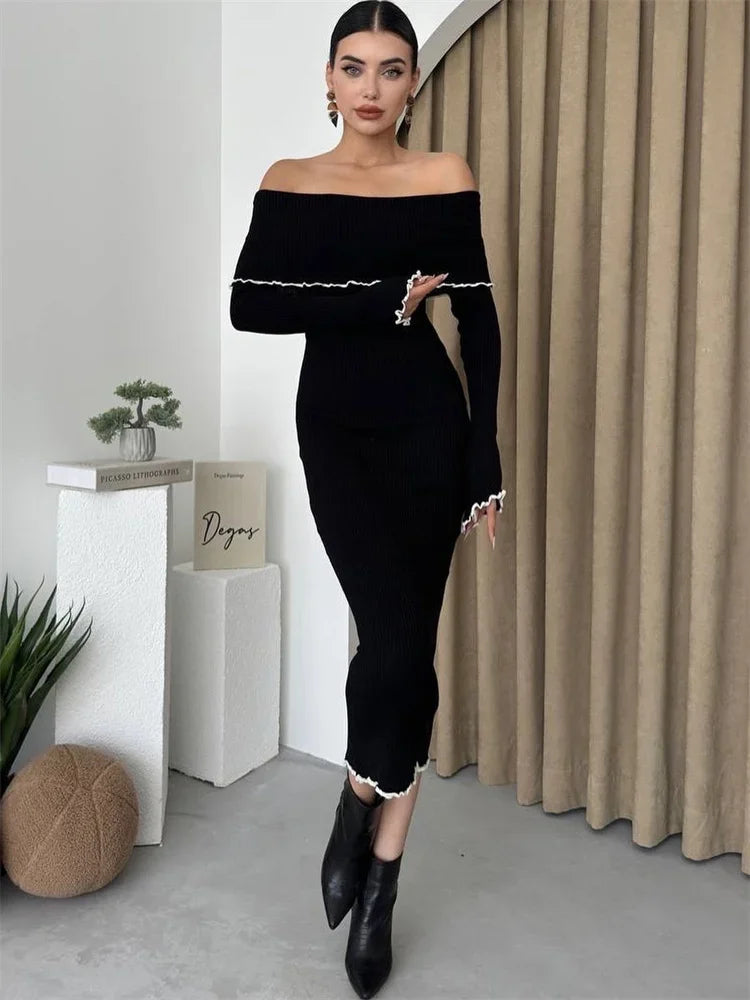 Vestido de punto ajustado con volantes para mujer, vestido de fiesta de otoño con escote palabra de honor, manga larga y contraste, vestido maxi de punto de moda