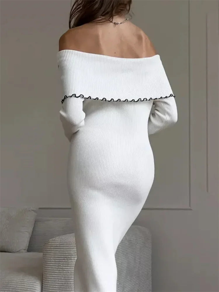 Vestido de punto ajustado con volantes para mujer, vestido de fiesta de otoño con escote palabra de honor, manga larga y contraste, vestido maxi de punto de moda