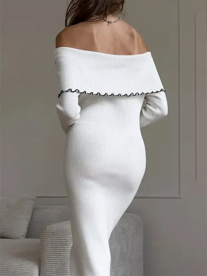 Vestido de punto ajustado con volantes para mujer, vestido de fiesta de otoño con escote palabra de honor, manga larga y contraste, vestido maxi de punto de moda