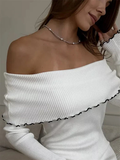 Vestido de punto ajustado con volantes para mujer, vestido de fiesta de otoño con escote palabra de honor, manga larga y contraste, vestido maxi de punto de moda