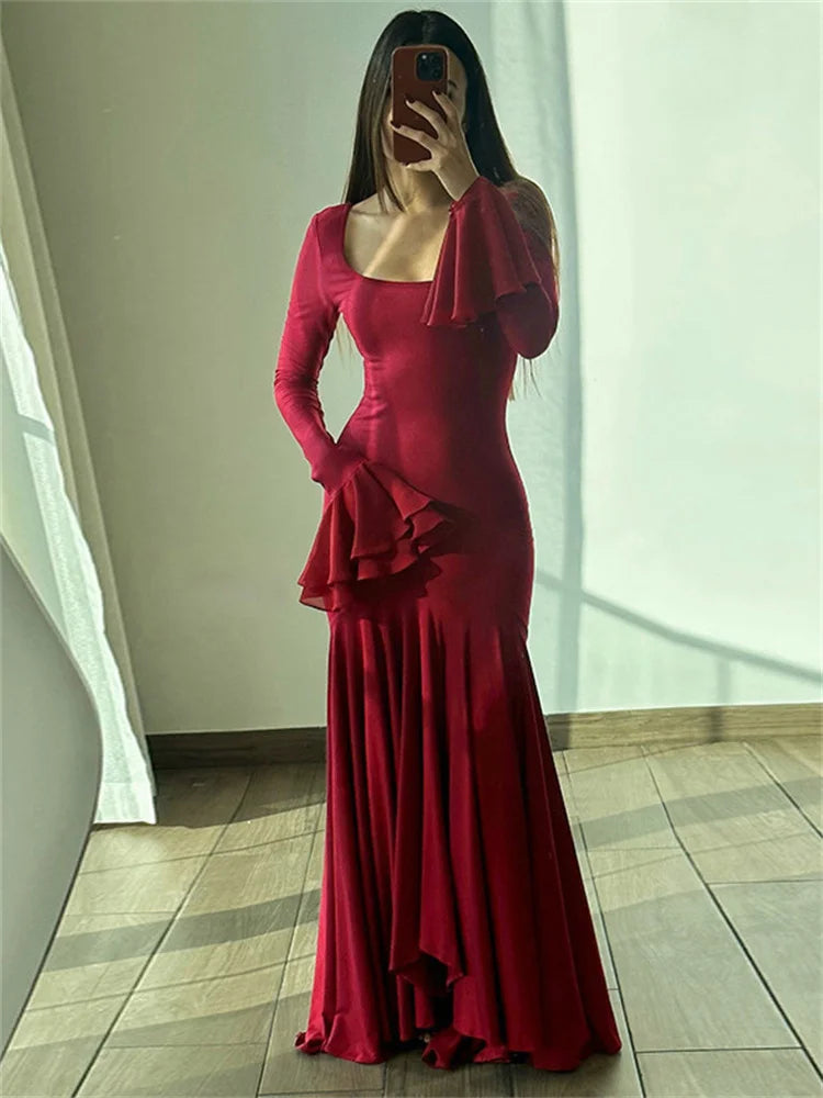 Vestido largo de fiesta con cuello cuadrado y volantes para mujer, ajustado, transparente, de cintura alta